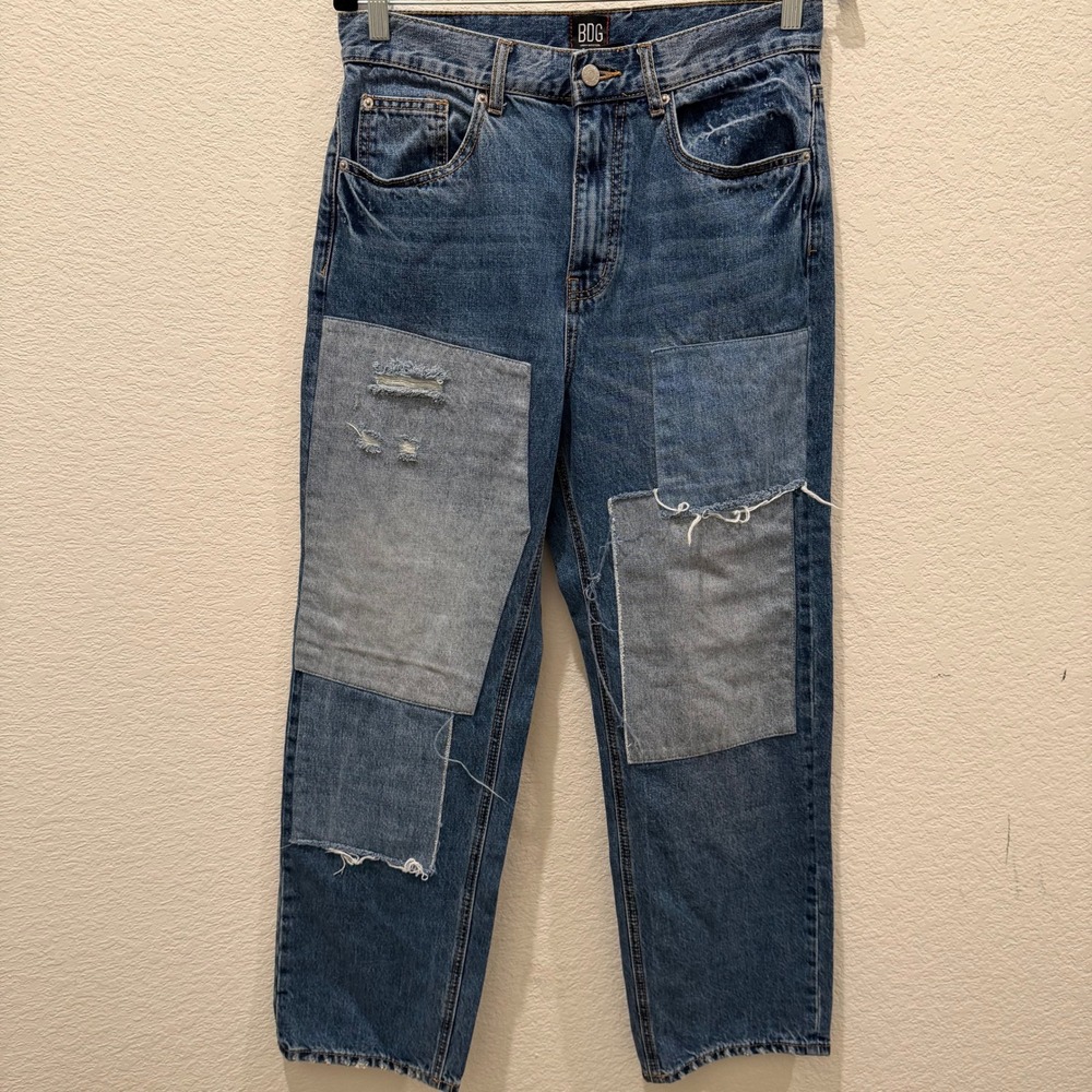 BDG Urban Outfitters Cowboy Jean Patchwork Distressed Straight Leg Blue Denim 30
